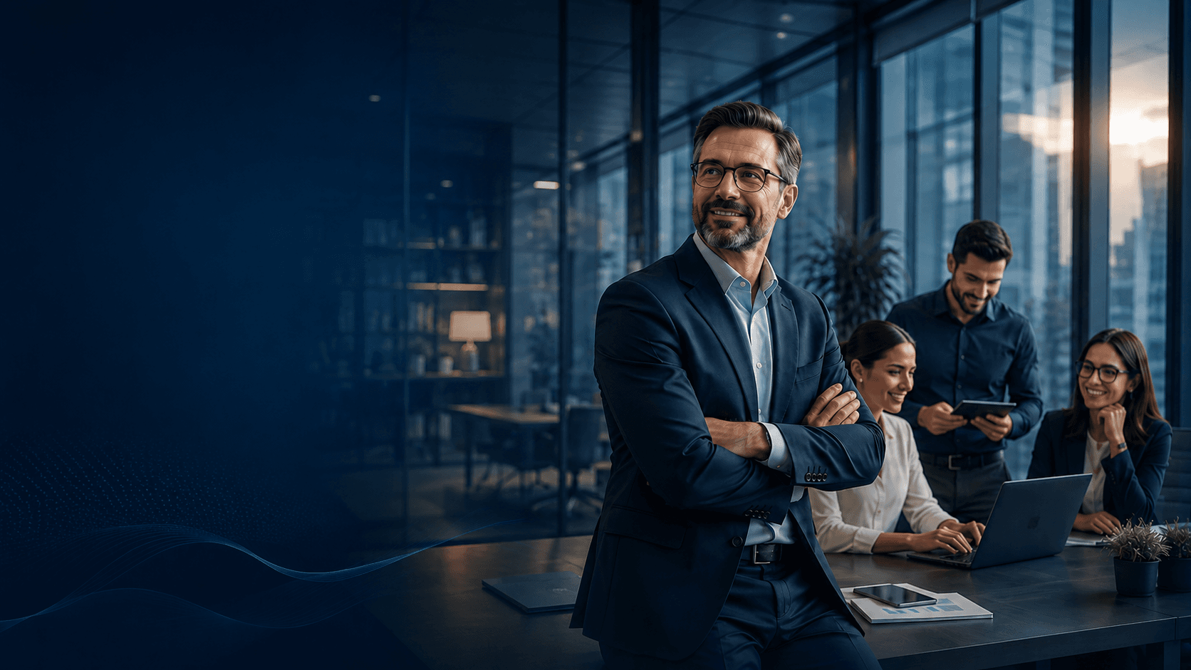 Liderança e equipe em ambiente corporativo moderno.