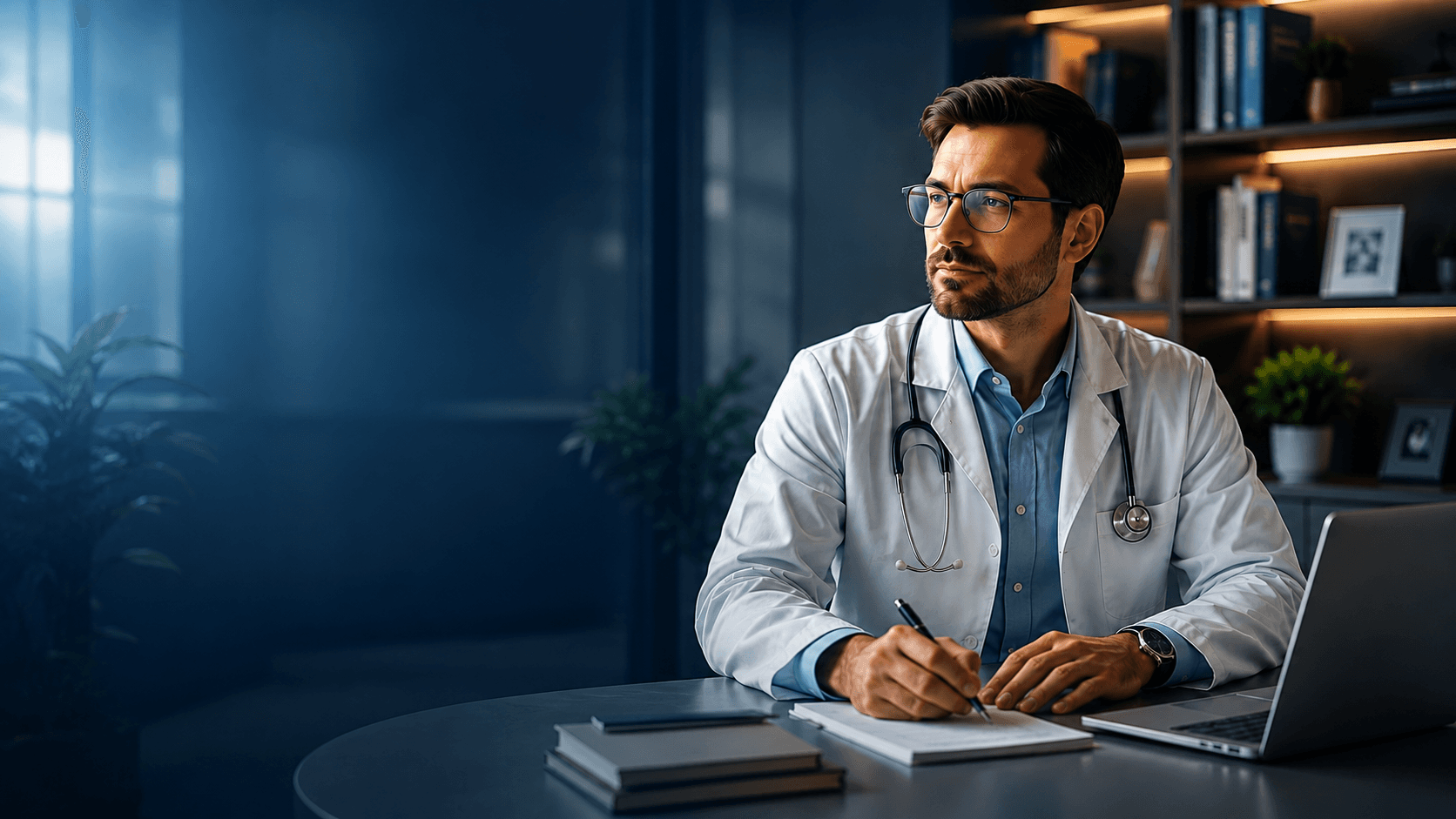 Médico em consultório moderno representando proteção da carreira e da renda.