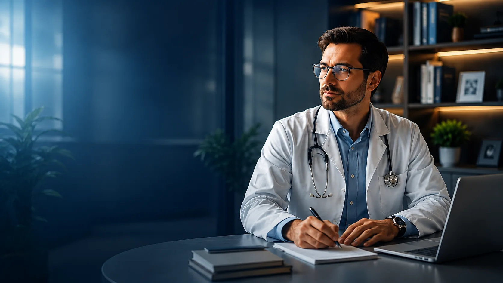 Médico em seu consultório representando atividade profissional e geração de renda.