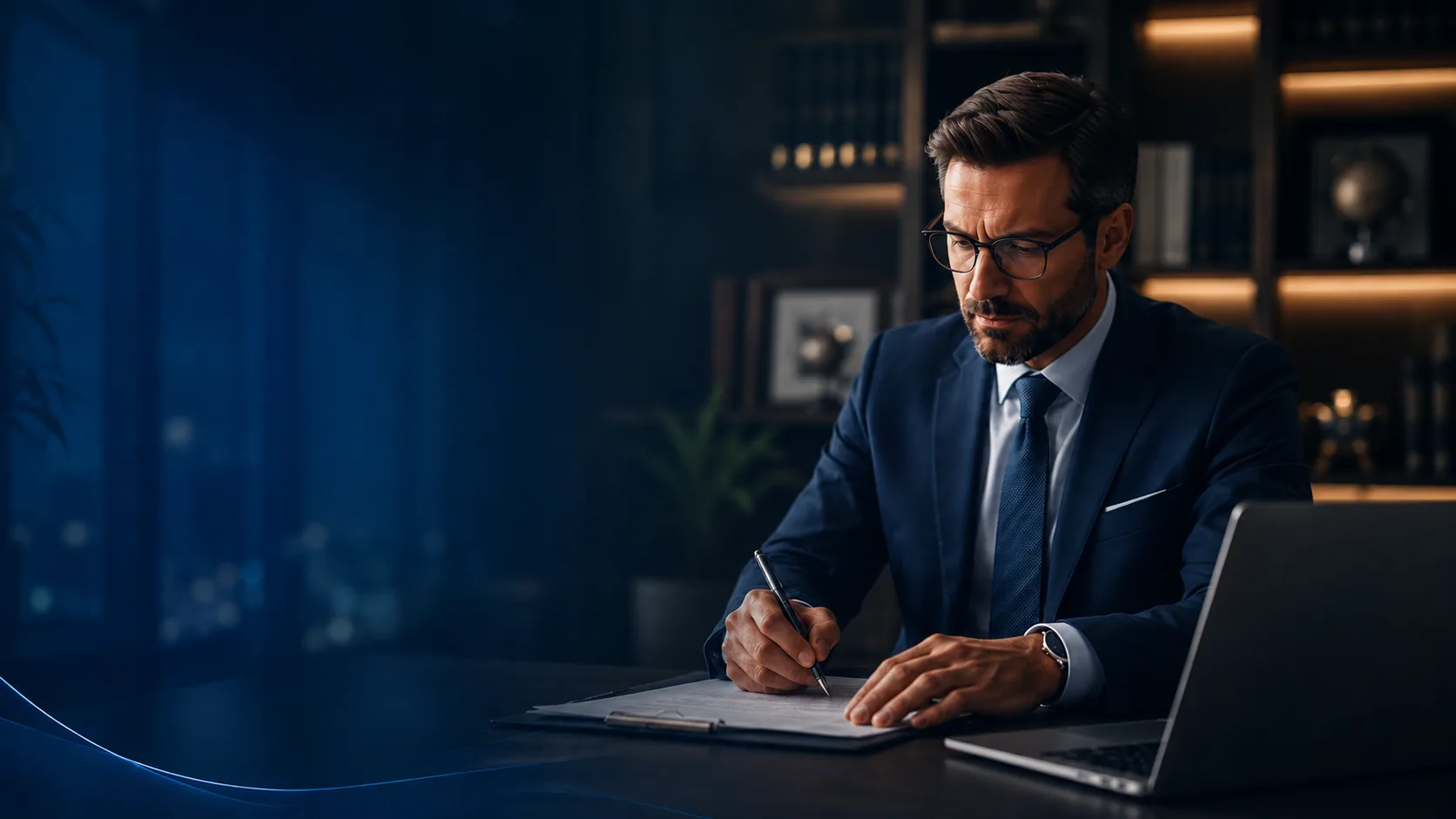 Profissional analisando documentos em ambiente corporativo e jurídico.