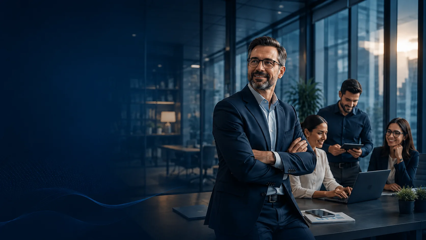 Empresário e equipe em escritório moderno representando continuidade operacional.